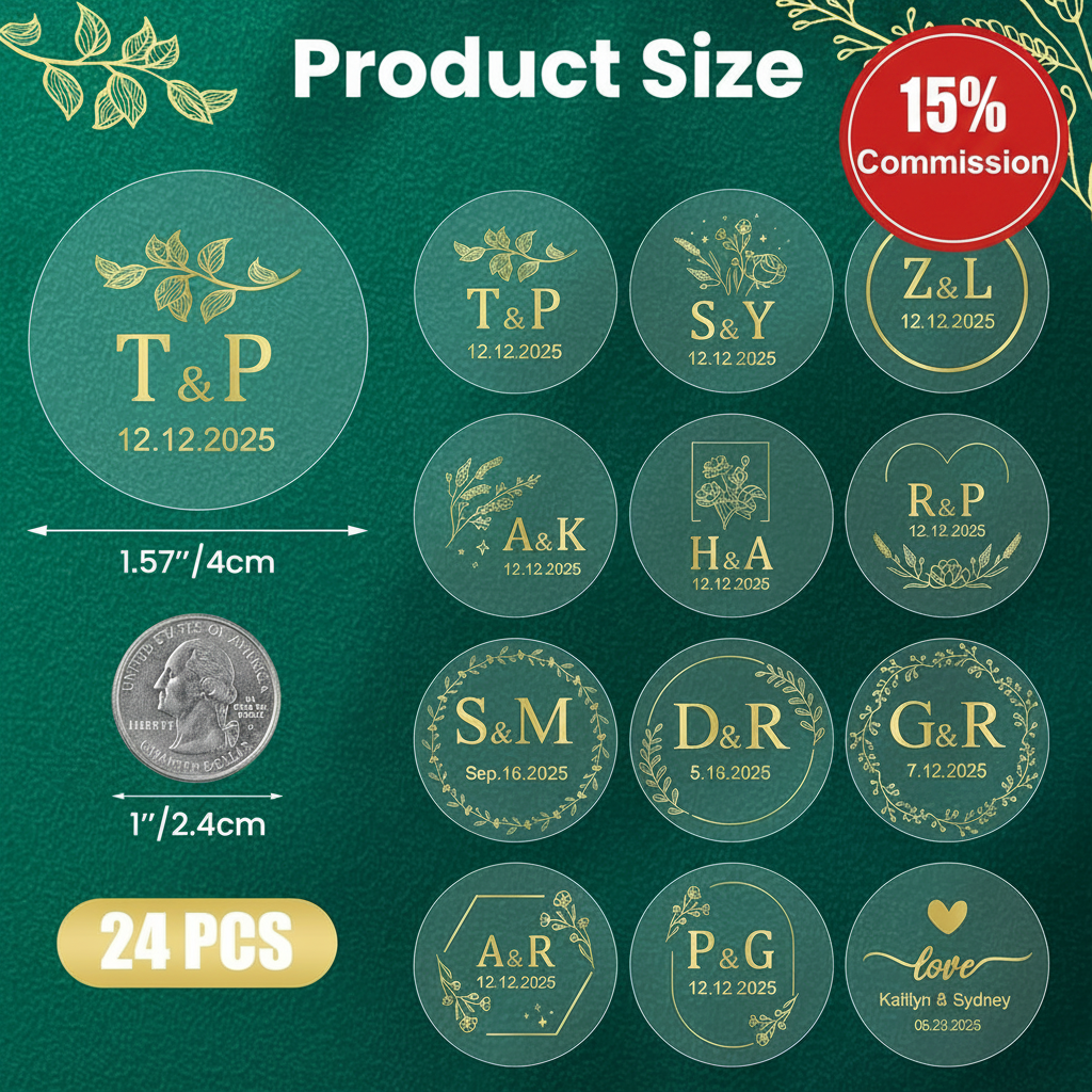 Personalized Transparent Waterproof Wedding Labels - Custom Gold Monogram Stickers, 24 PCS